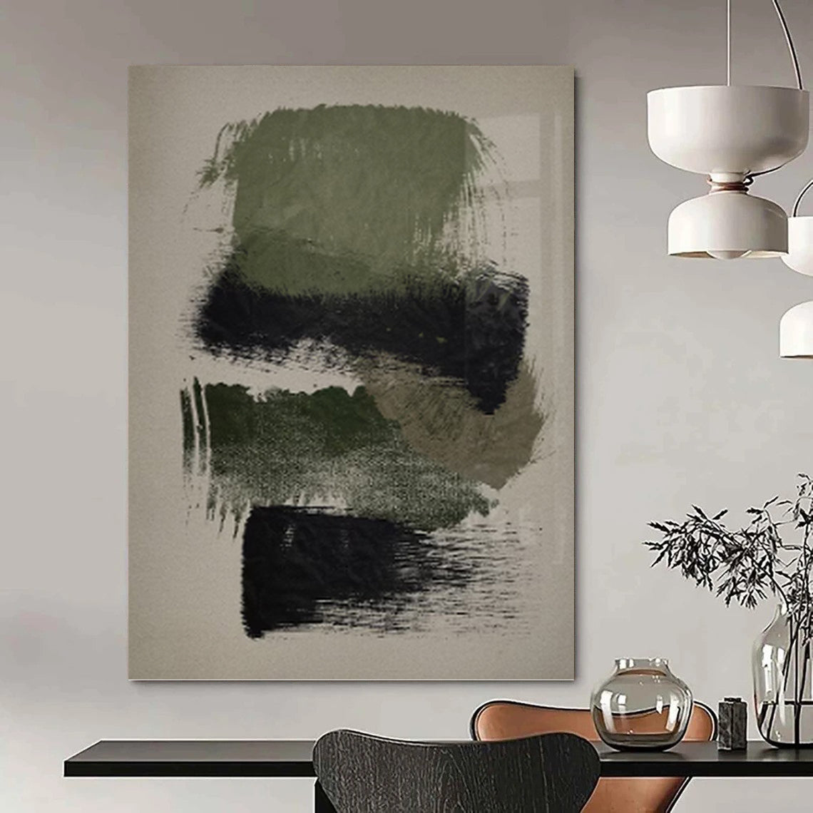 “Green - Black Abstract” - Minimalist Abstract Painting On Canvas PT1358