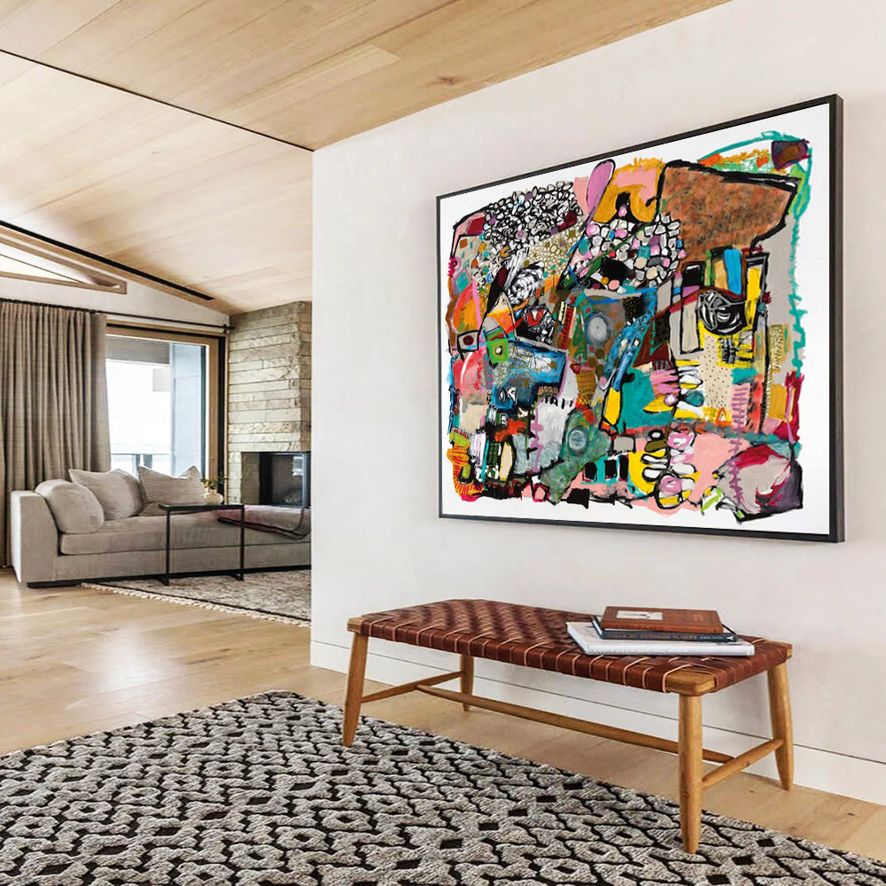 “Colorful Abstract Collage” - Vibrant Mix “Whimsical Mosaic” Painting On Canvas PT1656