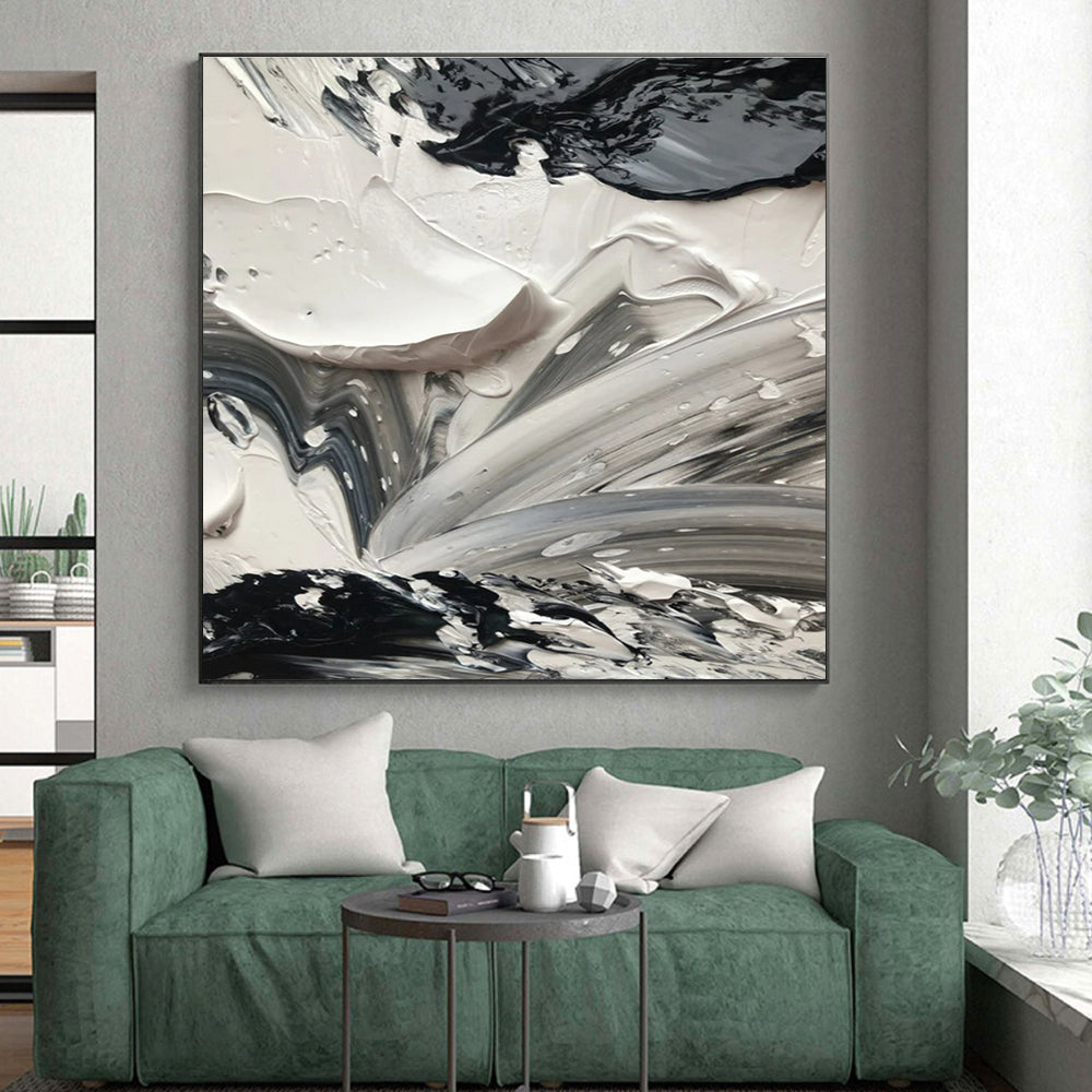 “Dynamic Black - White Textures” - Black, White Abstract Expressionist Painting On Canvas PS0713