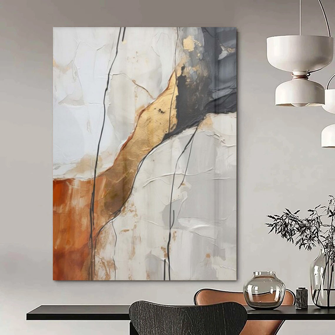 White, Gray, Gold, and Brown Textured "Cracked Elegance" Abstract Textured Painting On Canvas PS1046