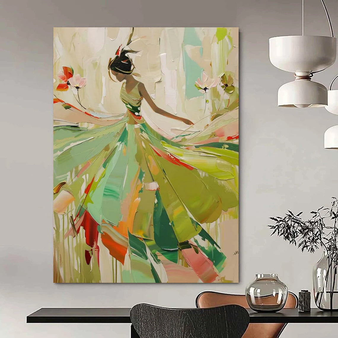 Graceful Lady in Green Dress Textured Painting On Canvas DS082