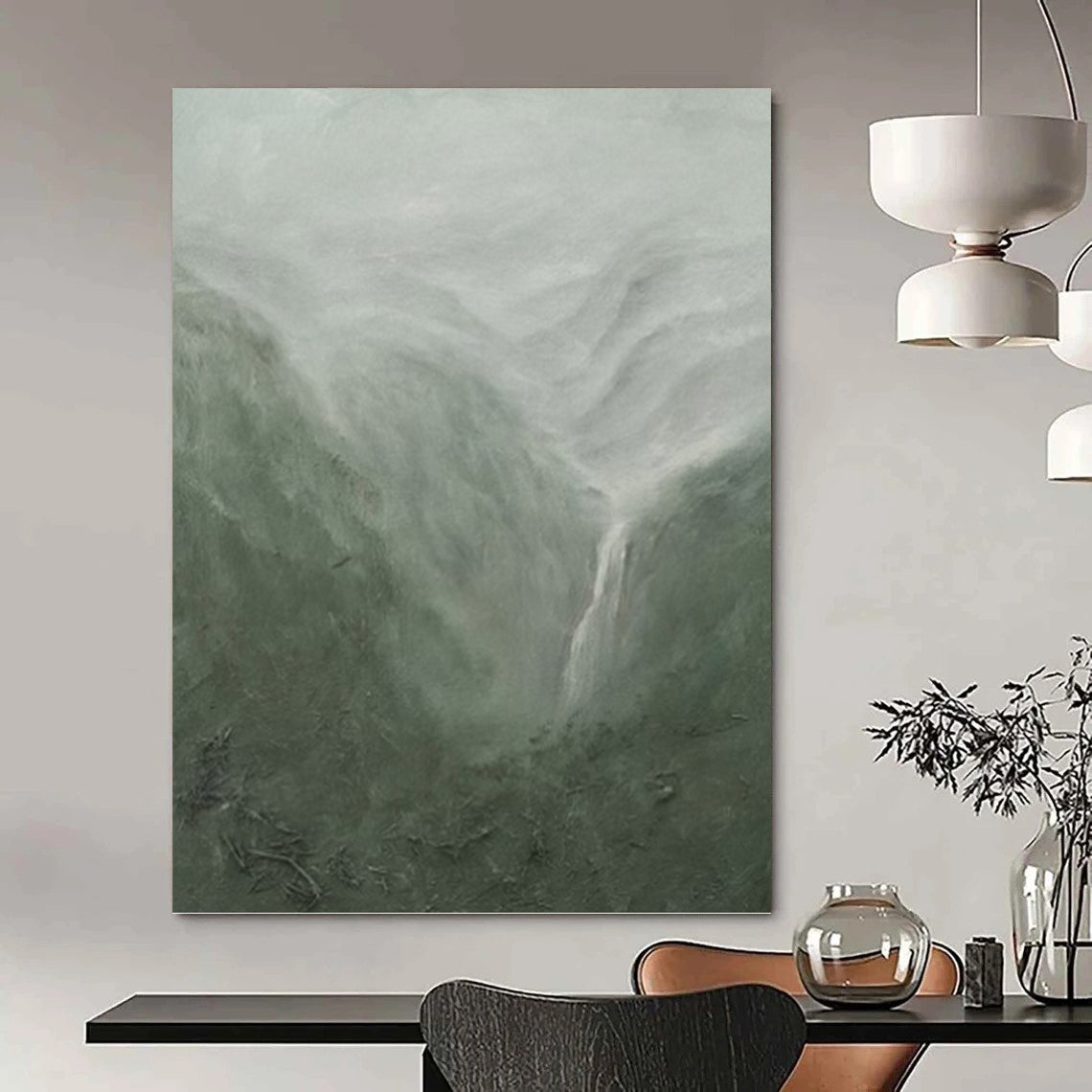 “Misty Mountain Waterfall” - Atmospheric, Landscape Painting On Canvas PT1490