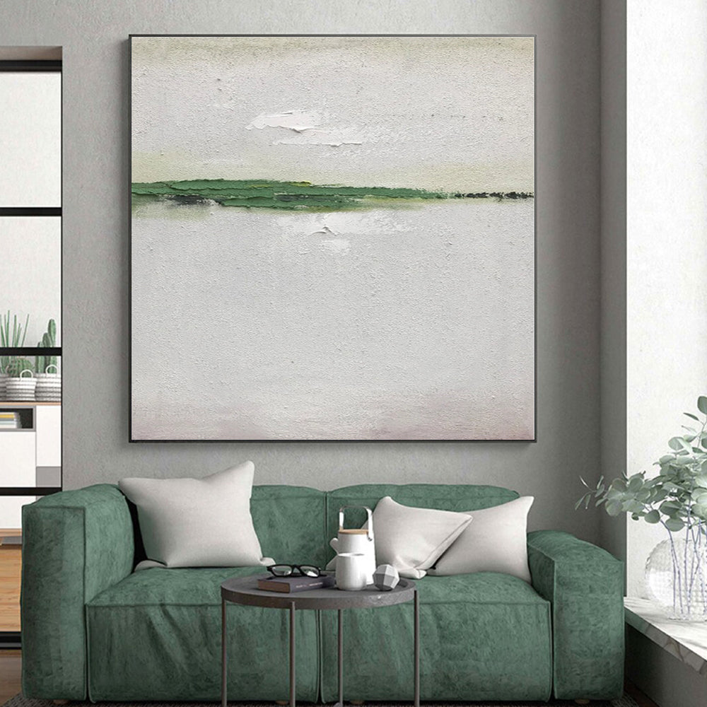 “Green - White Minimalist Strip” - Green, White Abstract Painting On Canvas PS0492