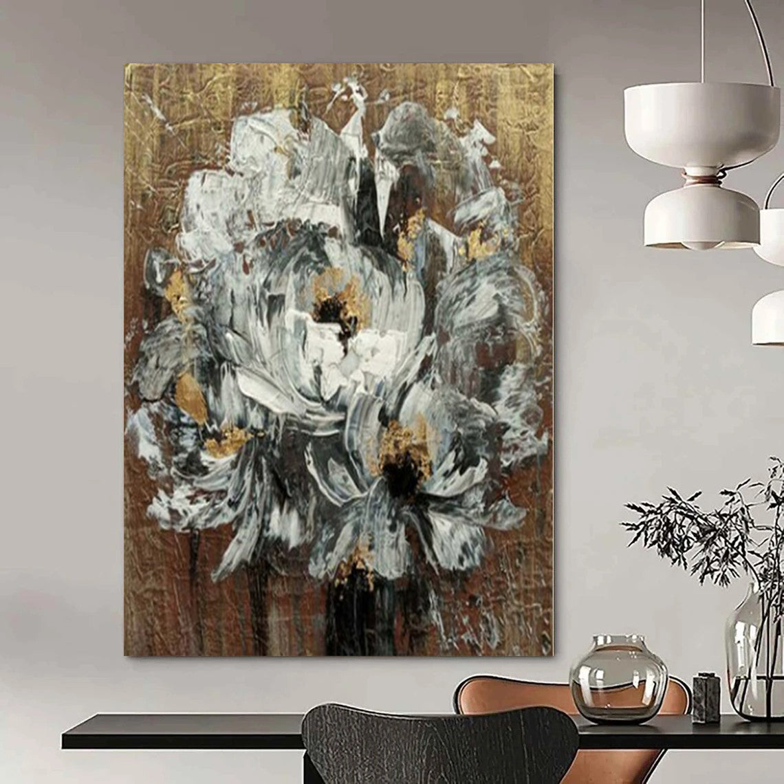 White, Gray, Gold with Textured Flowers "Gilded Blooms" Abstract Floral Painting On Canvas PS1194
