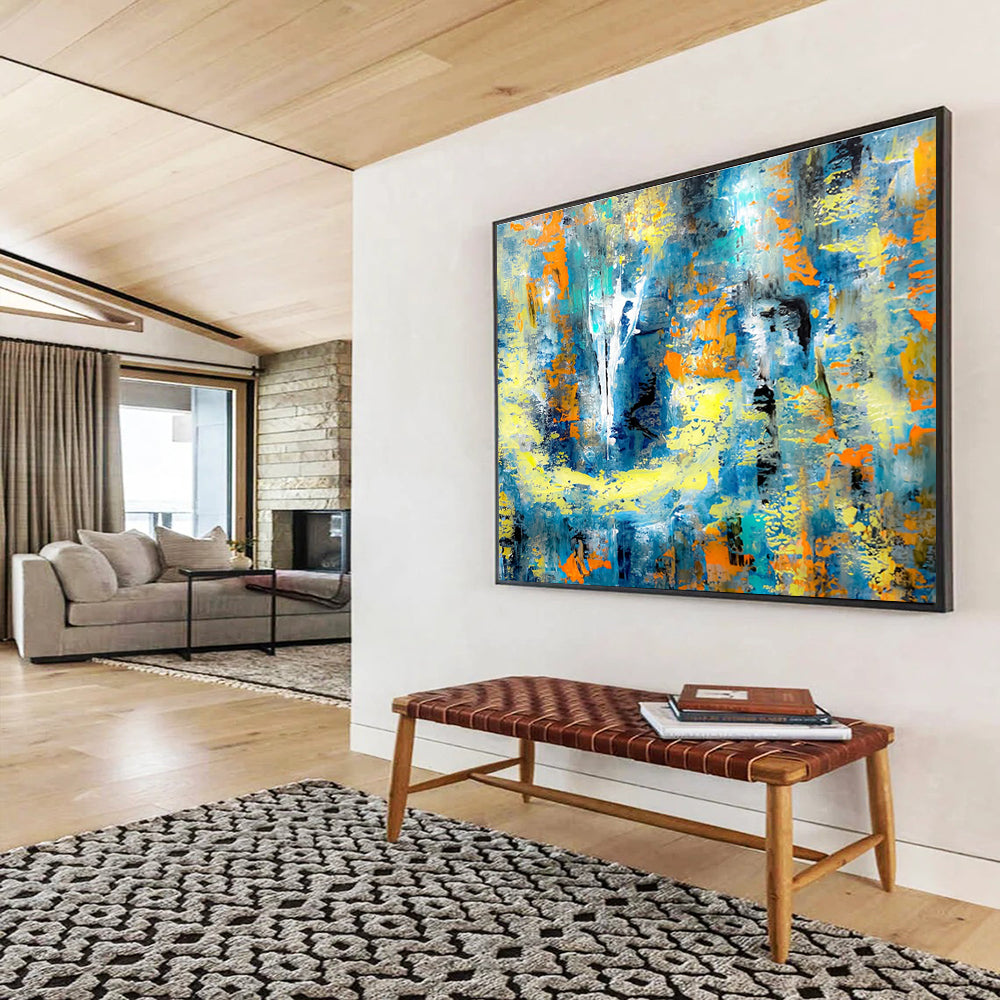 “Blue - Yellow Abstract Energy” - Textured Acrylic Painting on Canvas DKS924