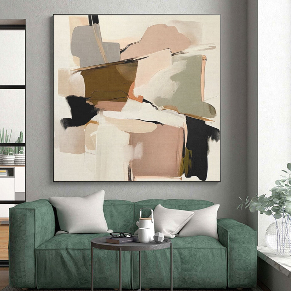 “Blush & Neutral Geometric Abstraction” - Blush, Beige, Gray Abstract Geometric Painting On Canvas PS0755