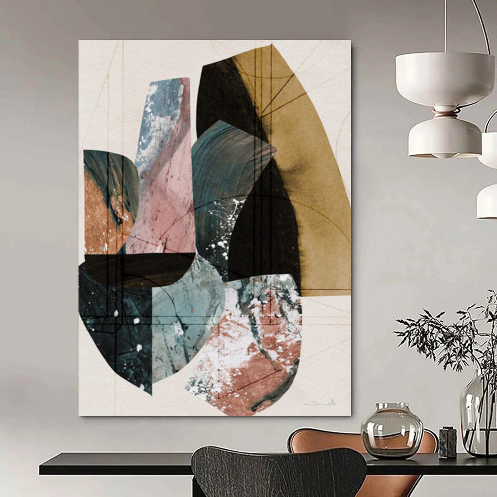 “Geometric Color Blocks” - Mixed - Hue Shapes & Grid Lines Painting On Canvas DS152