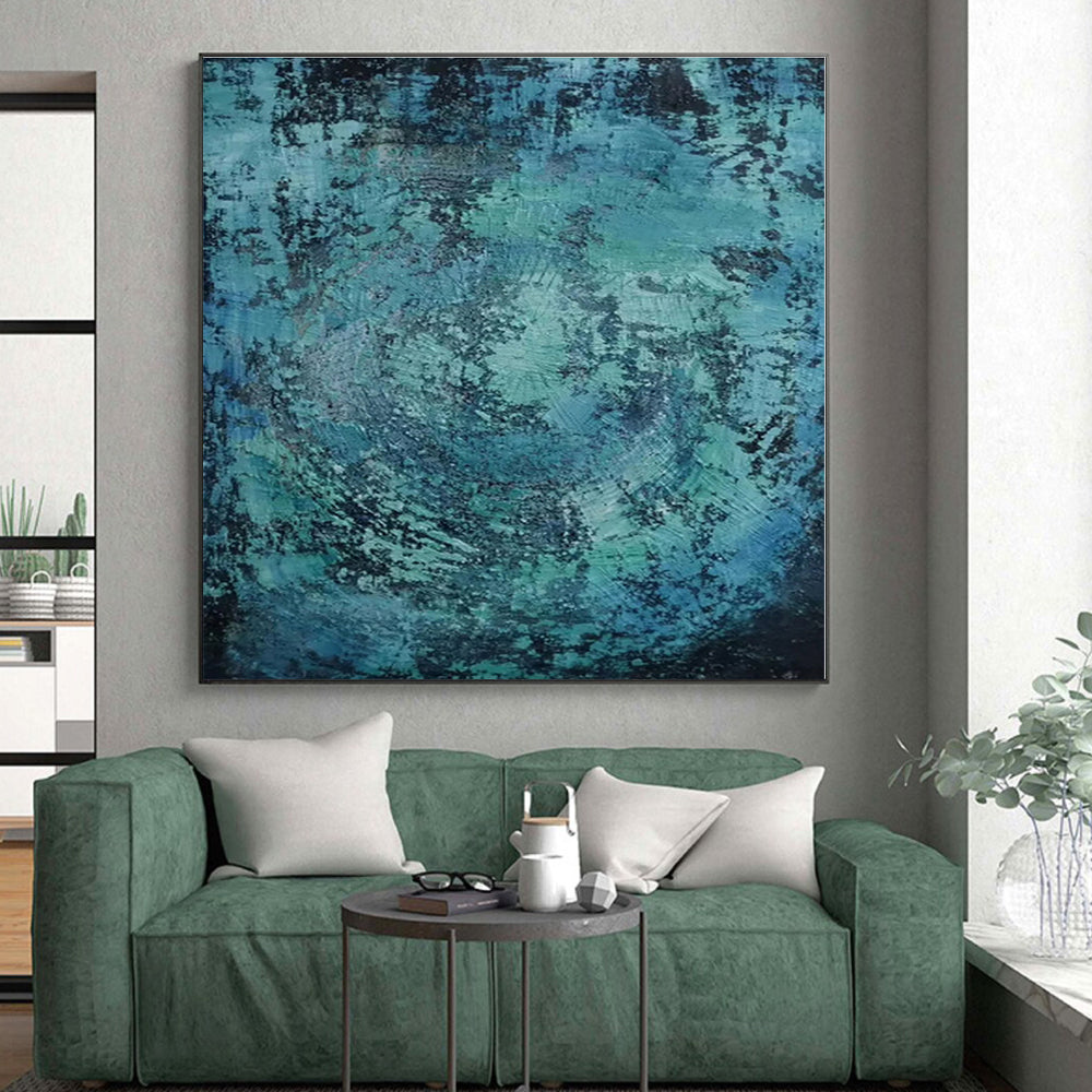 “Teal - Black Textured Abstraction” - Teal, Black Abstract Painting On Canvas PS0464