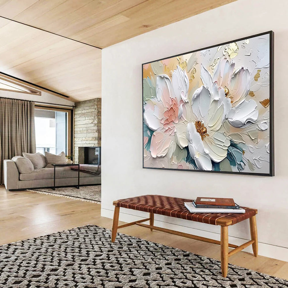 “Elegant White & Gold Florals” - Soft Pink, White & Gold 3D Flower, Textured Floral Painting On Canvas DKS712