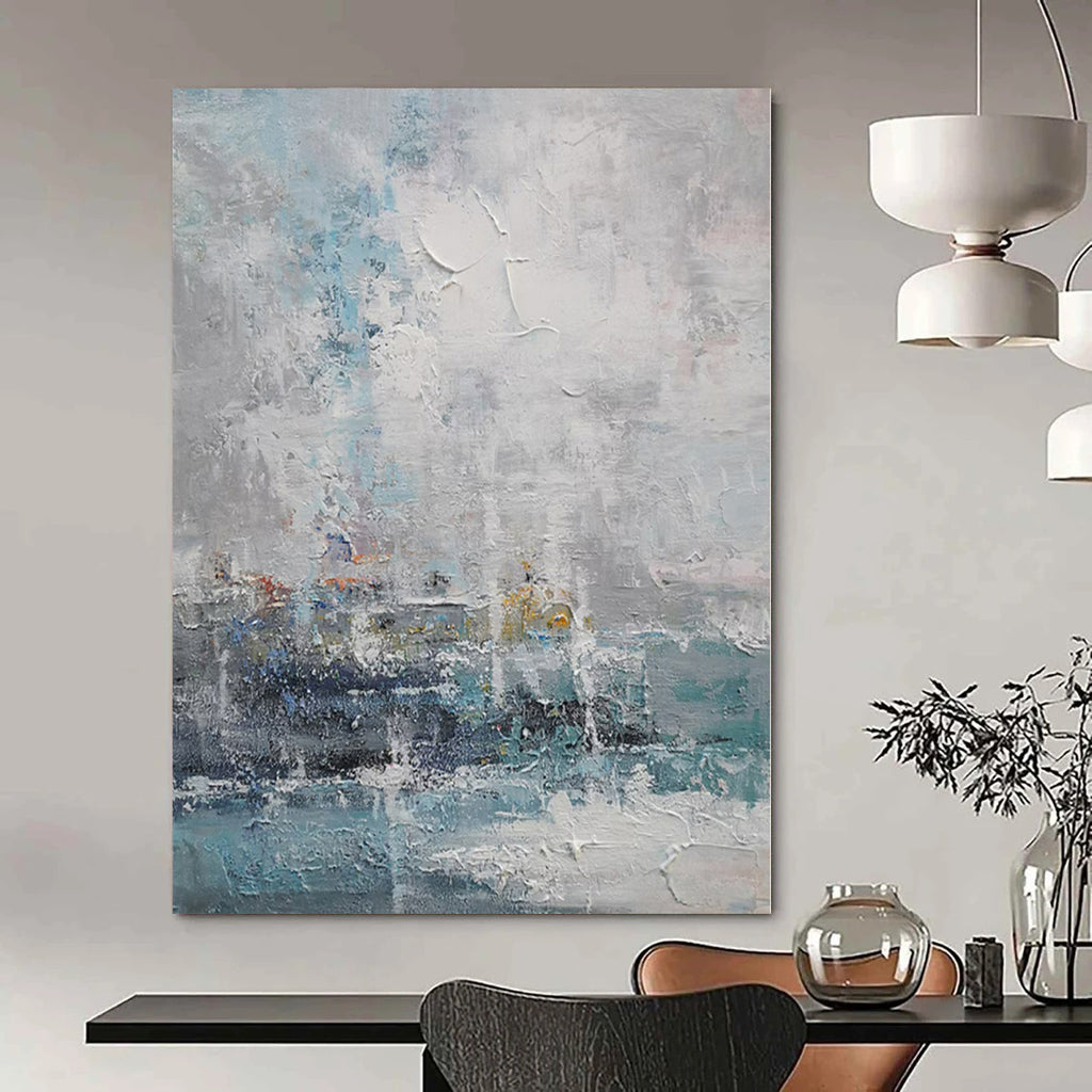 Blue, Gray and White with Textured Layers "Coastal Mist" Abstract Landscape Painting On Canvas PS1117