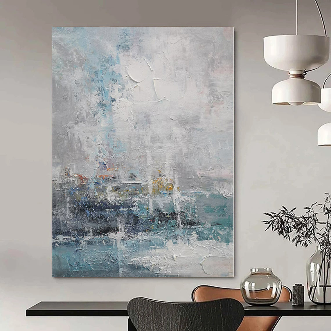 Blue, Gray and White with Textured Layers "Coastal Mist" Abstract Landscape Painting On Canvas PS1117