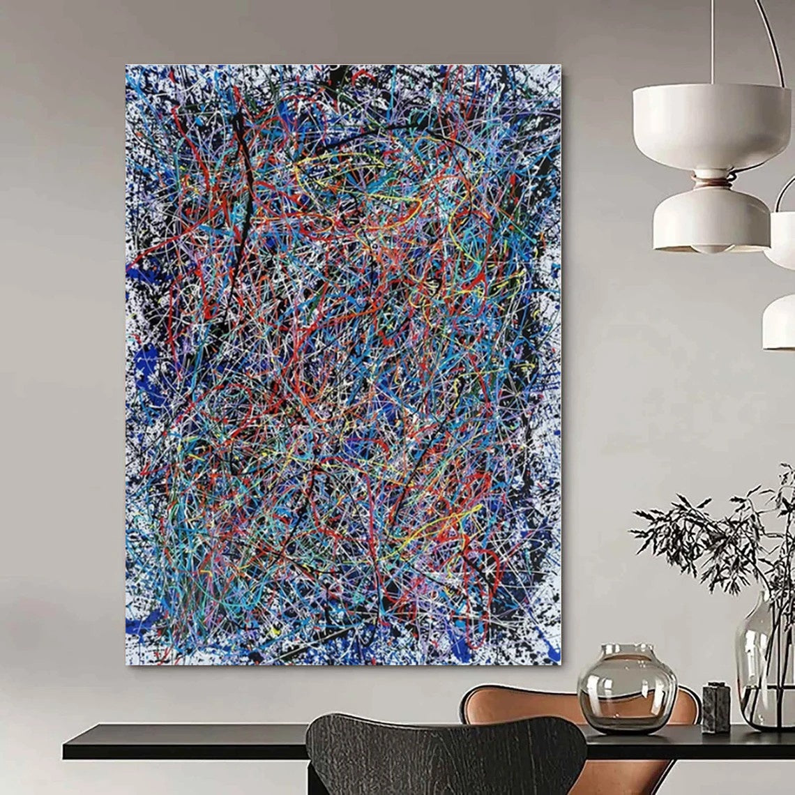 Colorful Tangled Lines on White "Color Chaos" Abstract Painting On Canvas PS1316