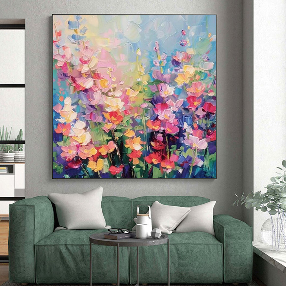 “Colorful Floral Field” - Multicolor Abstract Floral Painting On Canvas PS0694