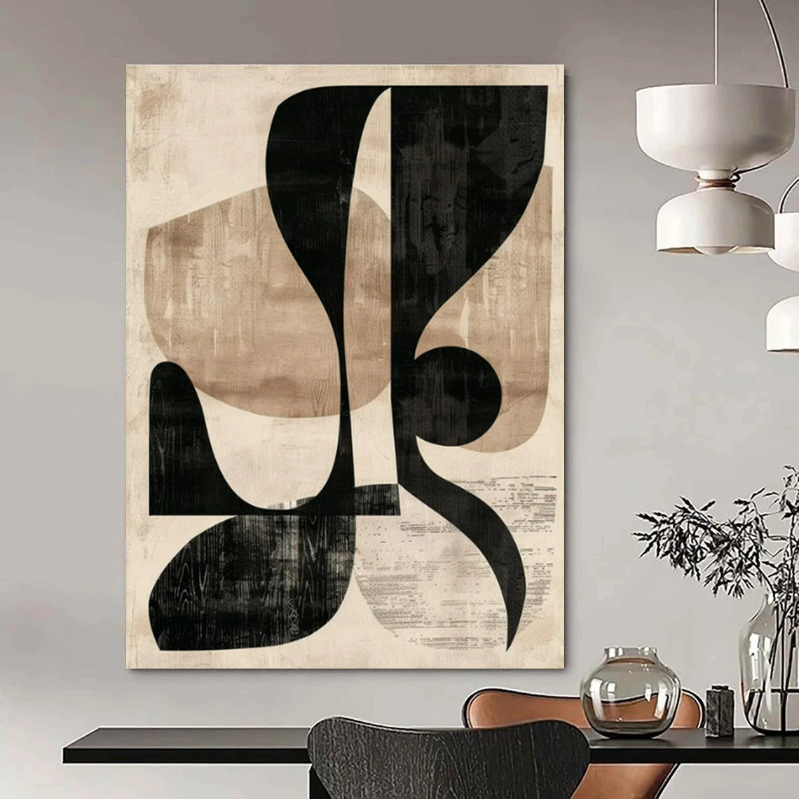 Beige, Black with Layered Shapes "Retro Collage" Abstract Painting On Canvas PS1420