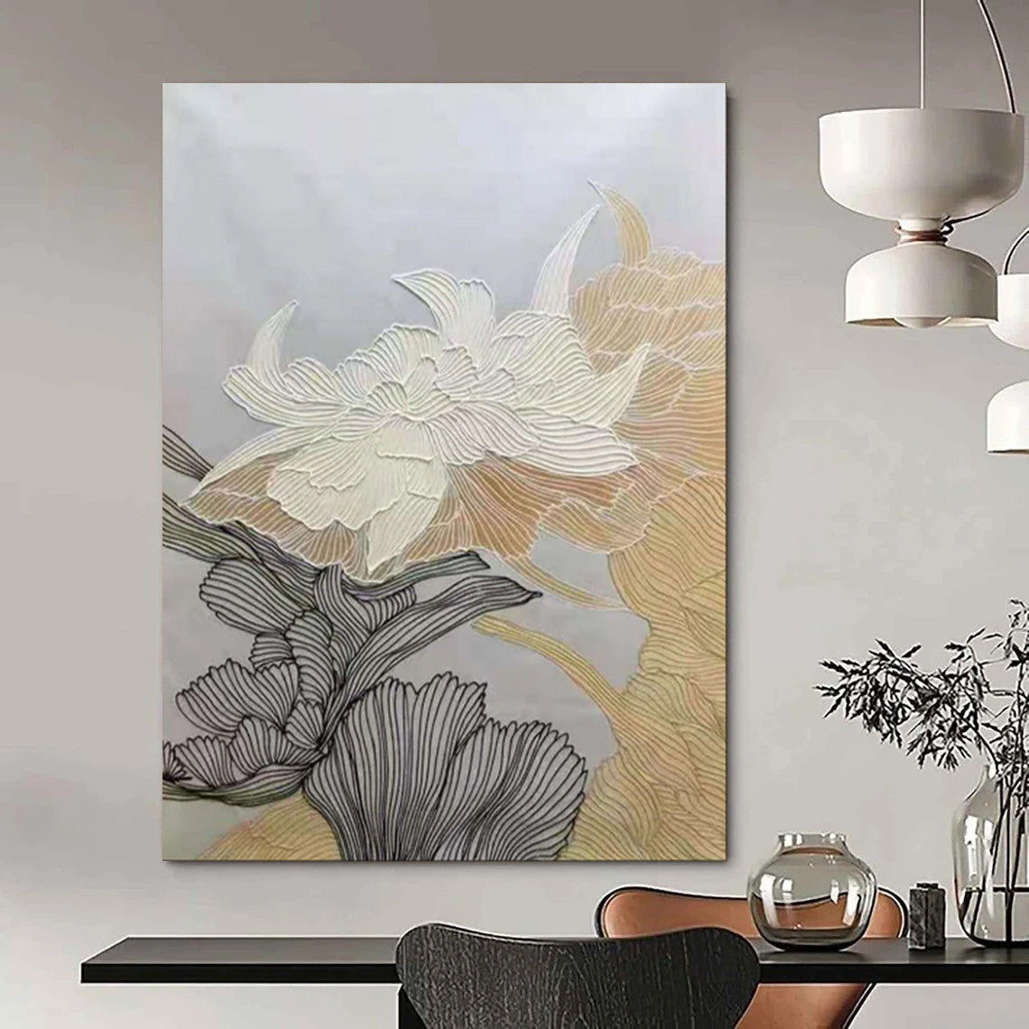 “Line - Detailed Floral Abstract” - Contemporary Floral Painting On Canvas PT1958