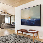 Sunset on Blue: Blue, Gray & Orange Abstract Landscape Painting for Beach House & Art - Inspired Library DKS650