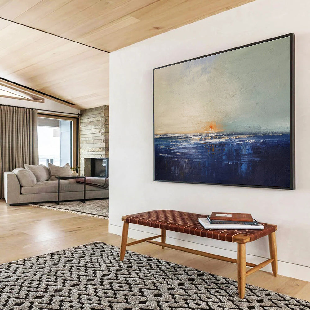 Sunset on Blue: Blue, Gray & Orange Abstract Landscape Painting for Beach House & Art - Inspired Library DKS650