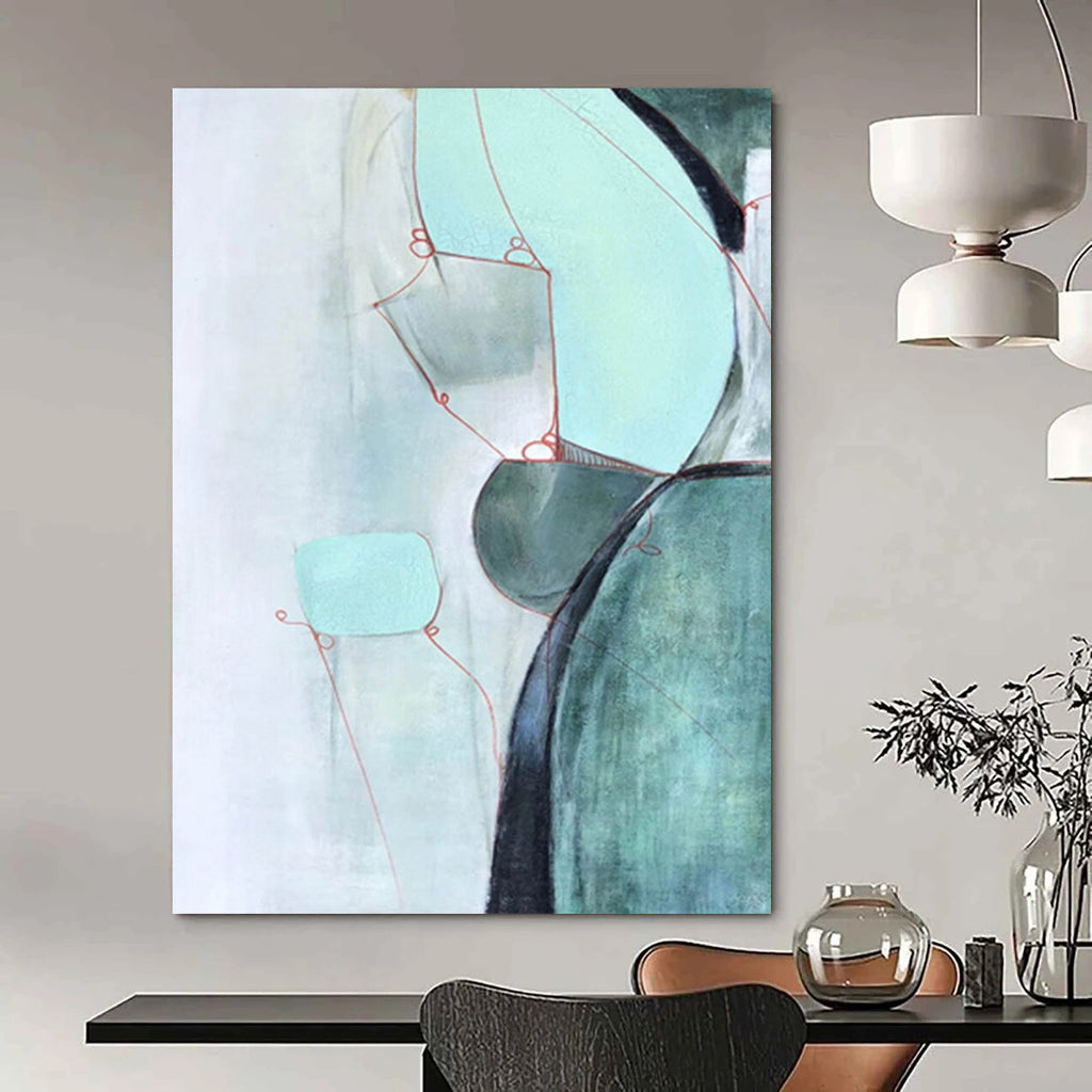 “Soft Green & Red Abstract Forms” - Delicate Shapes in Calming Hues Painting On Canvas DS250