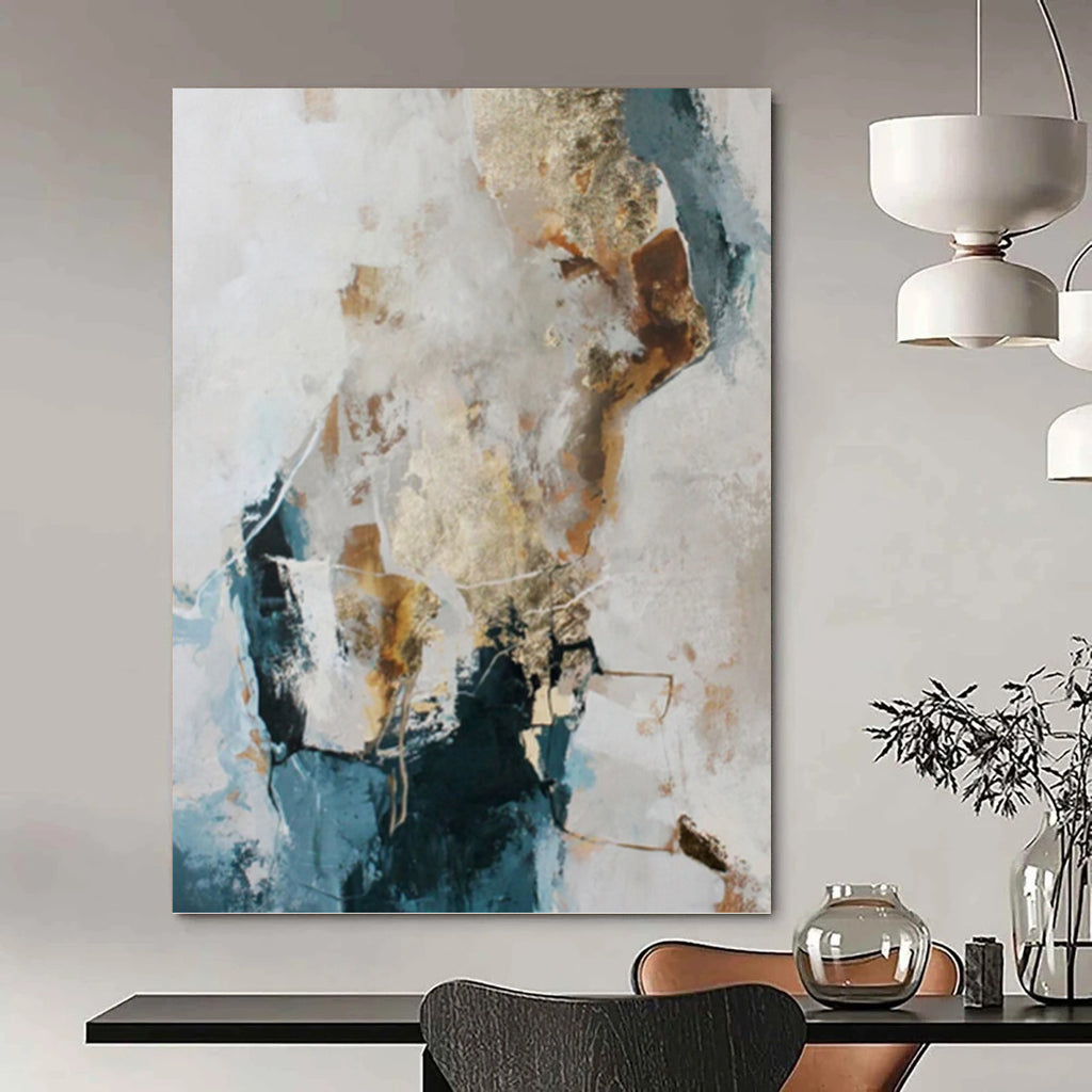 “Blue, Gold and White Abstract” - Coastal Luxe Painting on Canvas PT1010