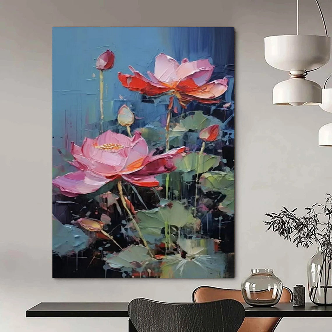 Blue, Pink, Green with Textured Lotus "Vibrant Blooms" Abstract Painting On Canvas PS1436