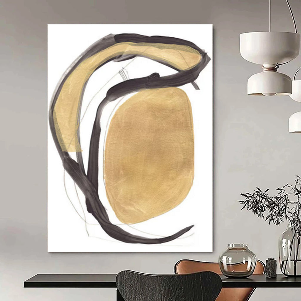 “Gold & Black Curved Forms” - Metallic Hues with Fluid Lines Painting On Canvas DS223