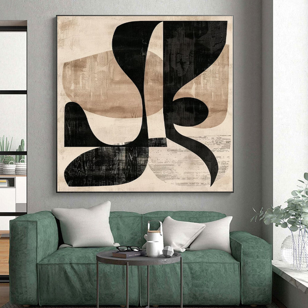 “Black & Beige Shapes” - Black, Beige Geometric Abstract Painting On Canvas PS0385