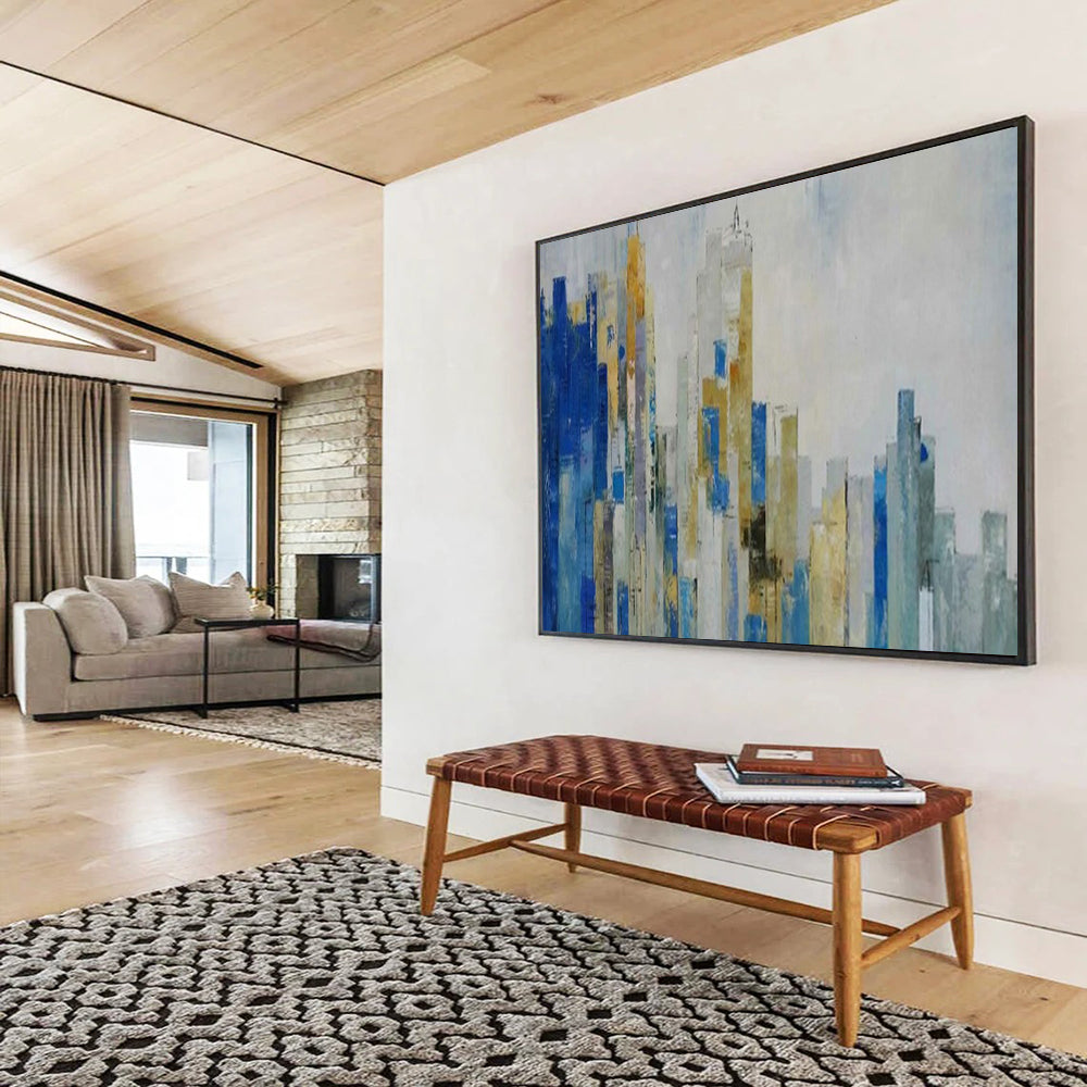 “Blue - Gold Abstract Cityscape” - Metallic Accents “Urban Skyline” Painting On Canvas PT1659