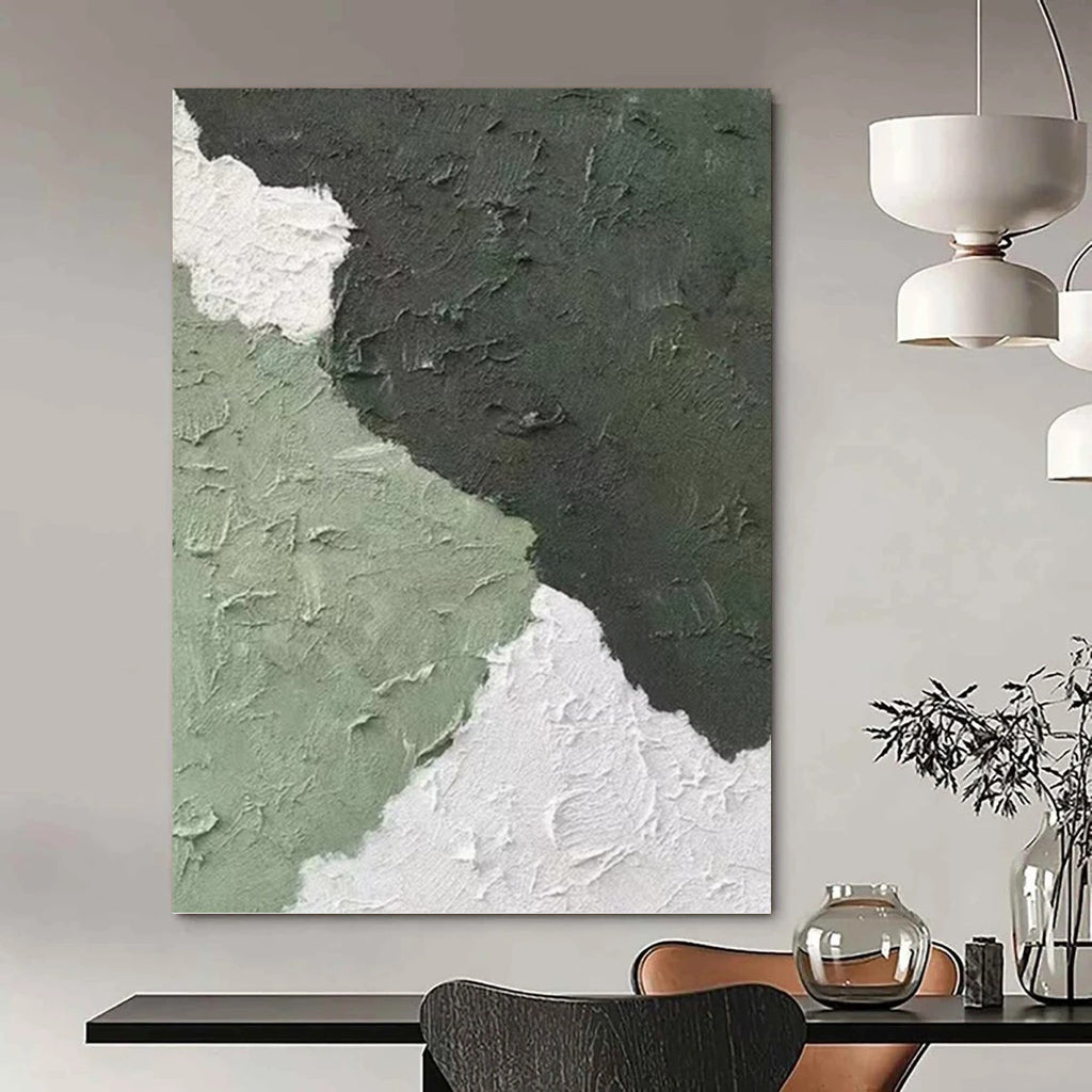 “Green - White Textured Abstract” - Minimalist Abstract Painting On Canvas PT1326