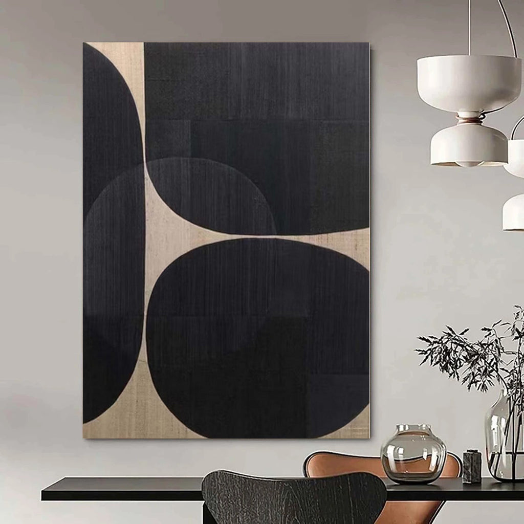 “Black - Beige Circular Geometric” - Contemporary Abstract Painting On Canvas PS0137