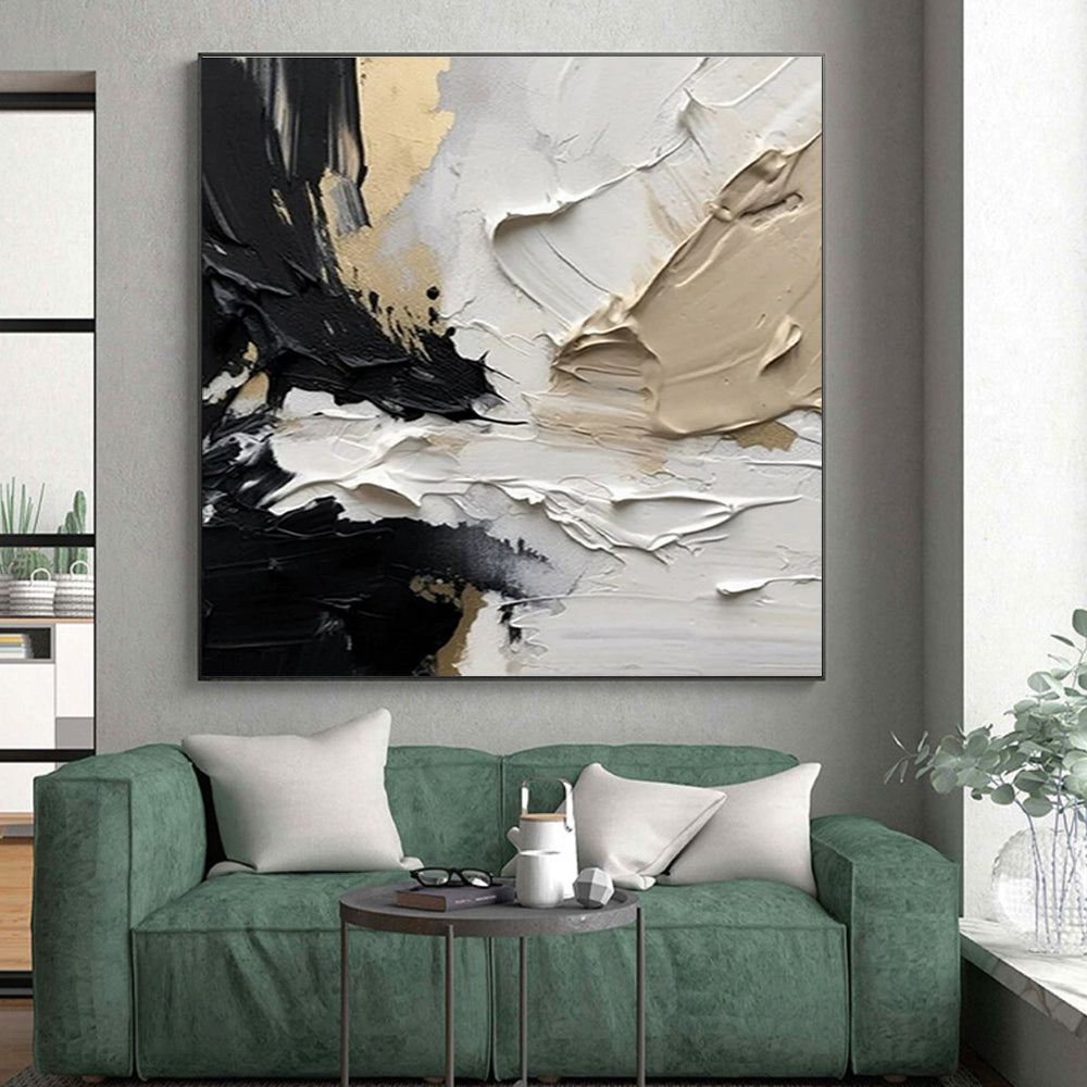 “Black - White - Gold Impasto” - Black, White, Gold Abstract Impasto Painting On Canvas PS0715
