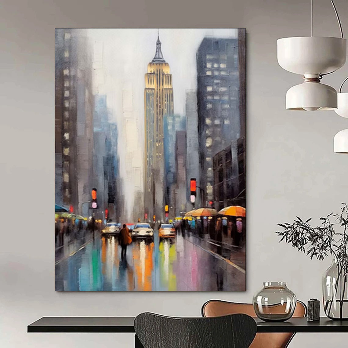 “Moody Impasto City Street with Iconic Building” - Impasto Cityscape Painting On Canvas PT1912