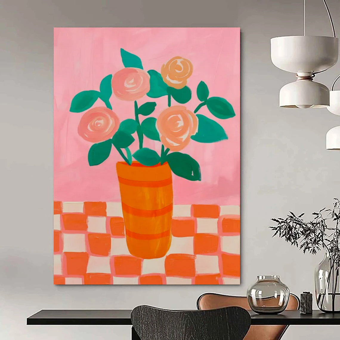 “Pink and Orange Floral Still - Life” - Pop Art - Inspired Painting On Canvas PT2258