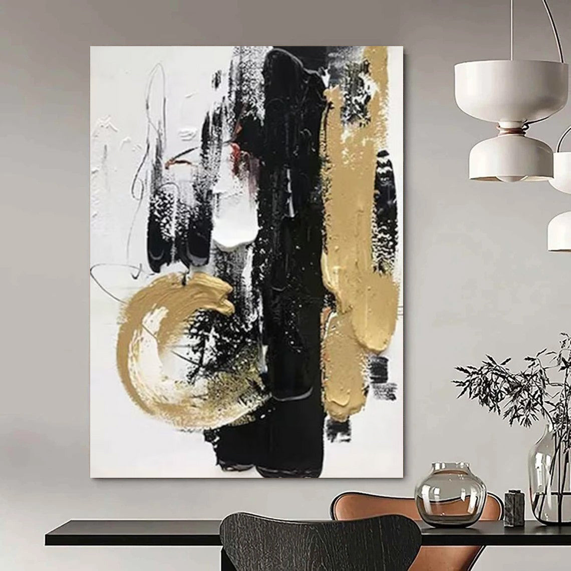 “Black & Gold Dynamic” - Bold Strokes & Metallic Accents Painting On Canvas DS146