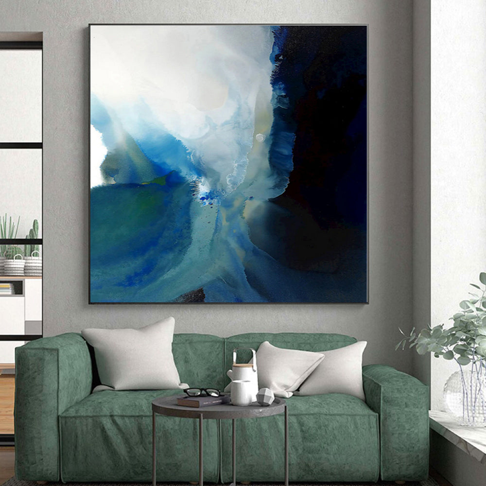 “Blue - Black Abstract Fluidity” - Blue, Black, White Abstract Fluid Painting On Canvas PS0587