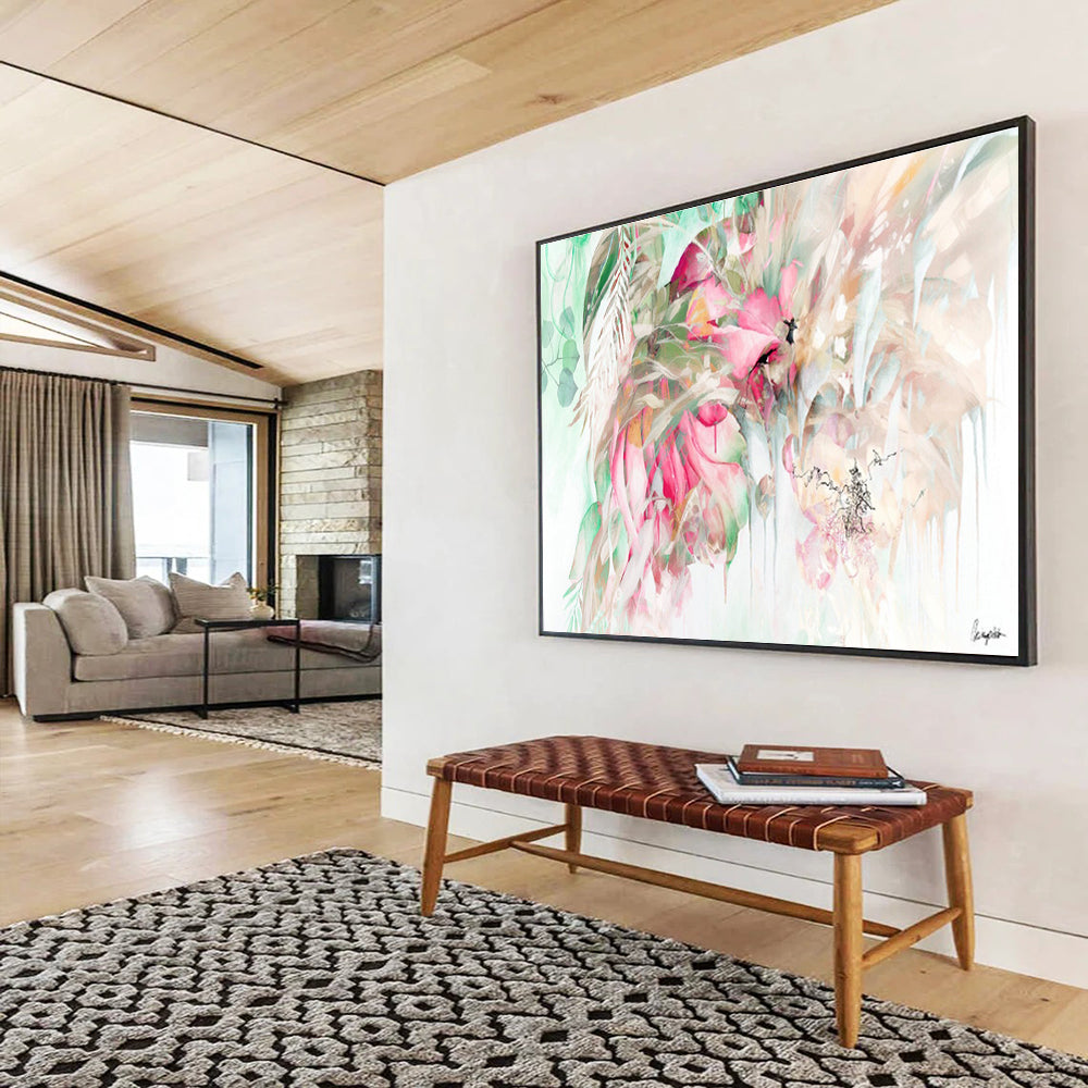 “Pink And Green Floral Cascade” - Floral Painting On Canvas DKS534