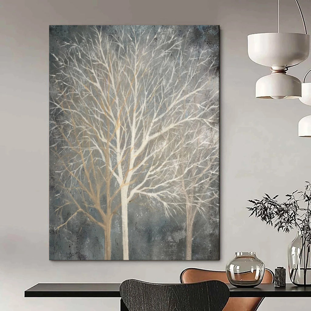 “Gray - Toned Bare Tree Silhouettes” - Abstract Winter Painting On Canvas PT1887