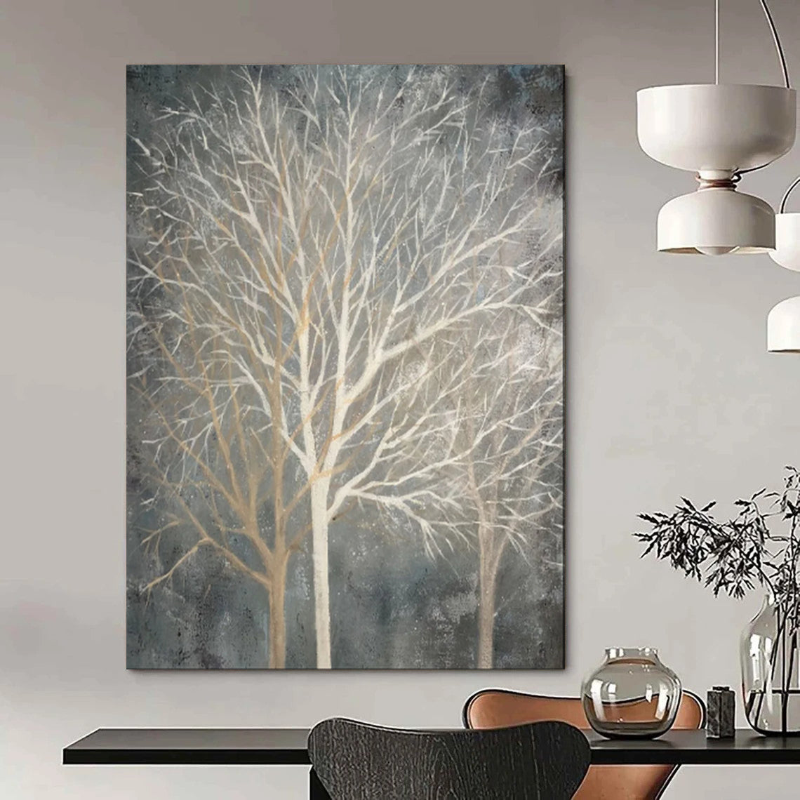 “Gray - Toned Bare Tree Silhouettes” - Abstract Winter Painting On Canvas PT1887