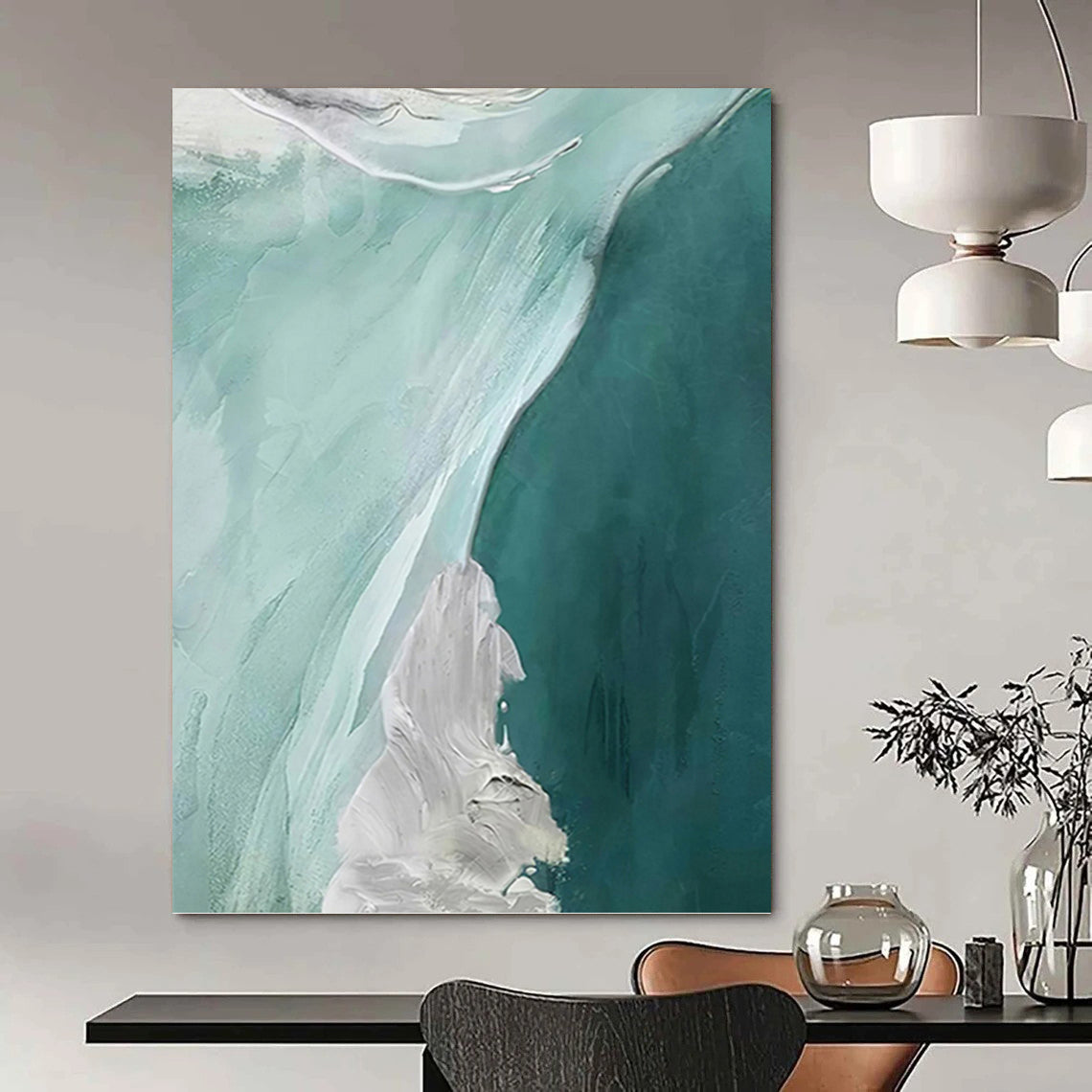 “Teal - White Abstract Flows” - Fluid Abstract Painting On Canvas PT1236