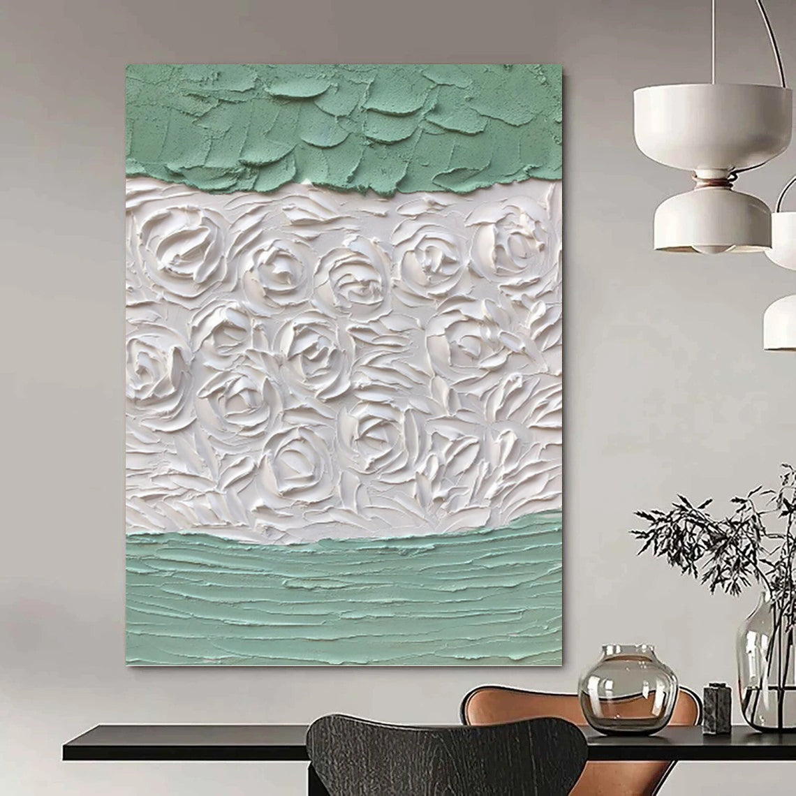 “Green - White Textured Roses” - Textured Abstract Painting On Canvas PT1269
