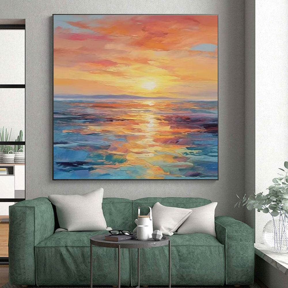 “Sunset Sea Reflection” - Orange, Pink, Blue, Purple Abstract Seascape Painting On Canvas PS0687