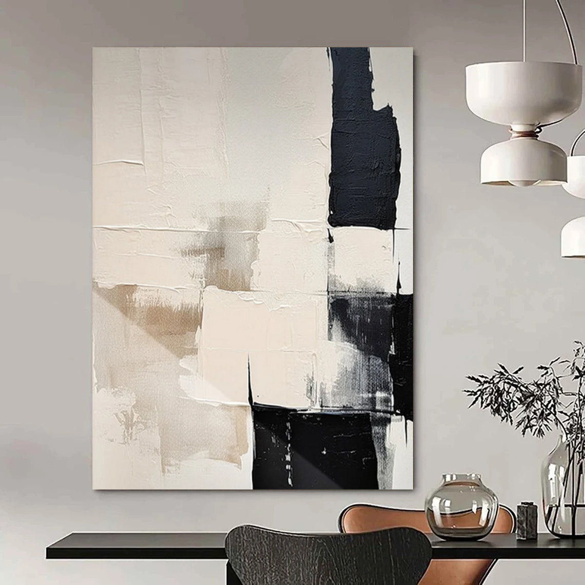 Black - White - Beige Geometric Textures Minimalist Abstract Painting On Canvas DS056