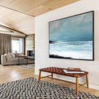 “Minimalist Coastal Landscape in Blues and Blacks” - Serene Seaside Oil Painting On Canvas PT032