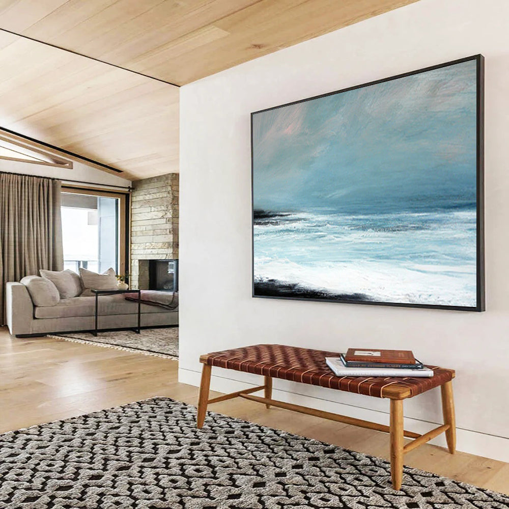 “Minimalist Coastal Landscape in Blues and Blacks” - Serene Seaside Oil Painting On Canvas PT032