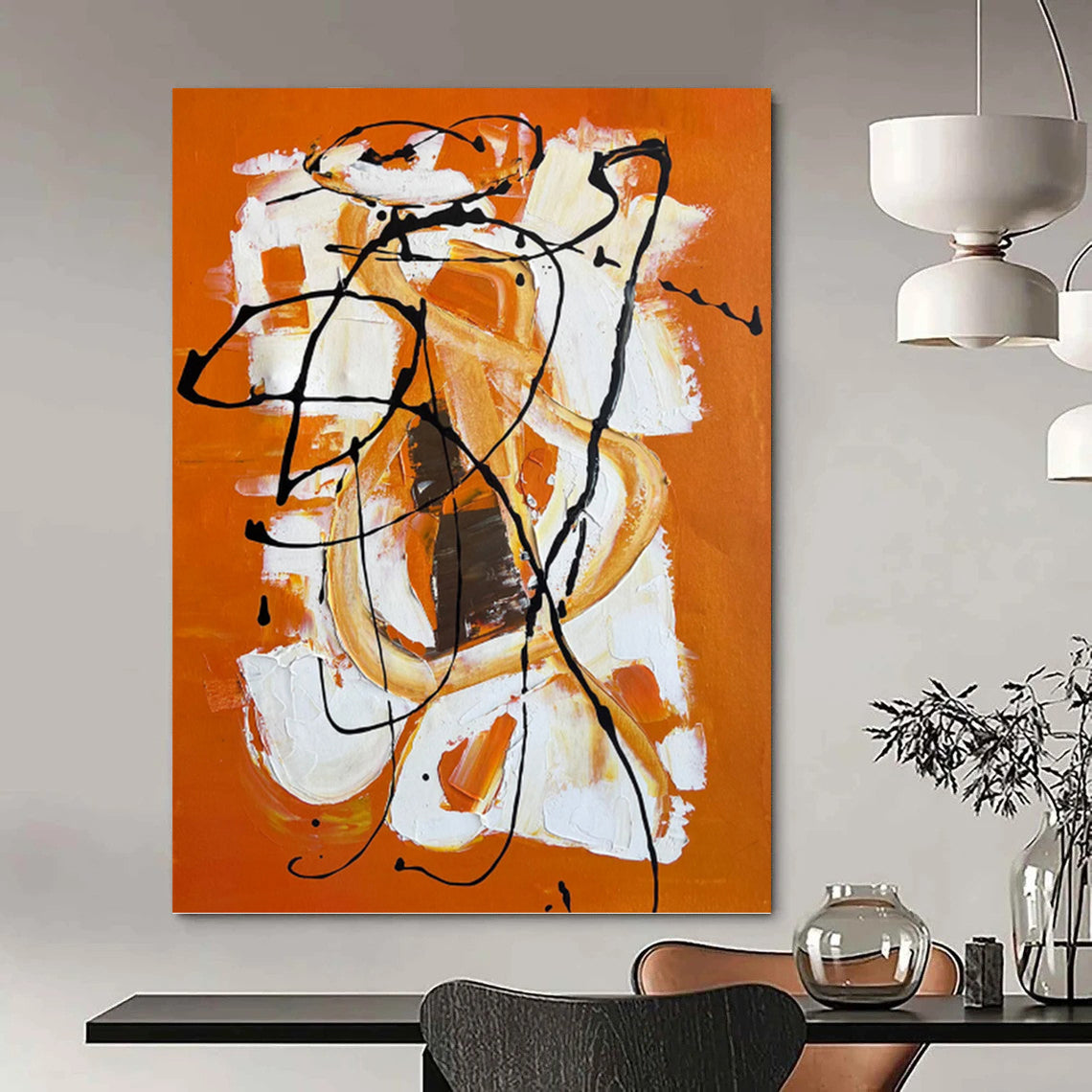 “Orange - White - Black Abstract Swirls” - Abstract Expressionist Painting On Canvas PT1221