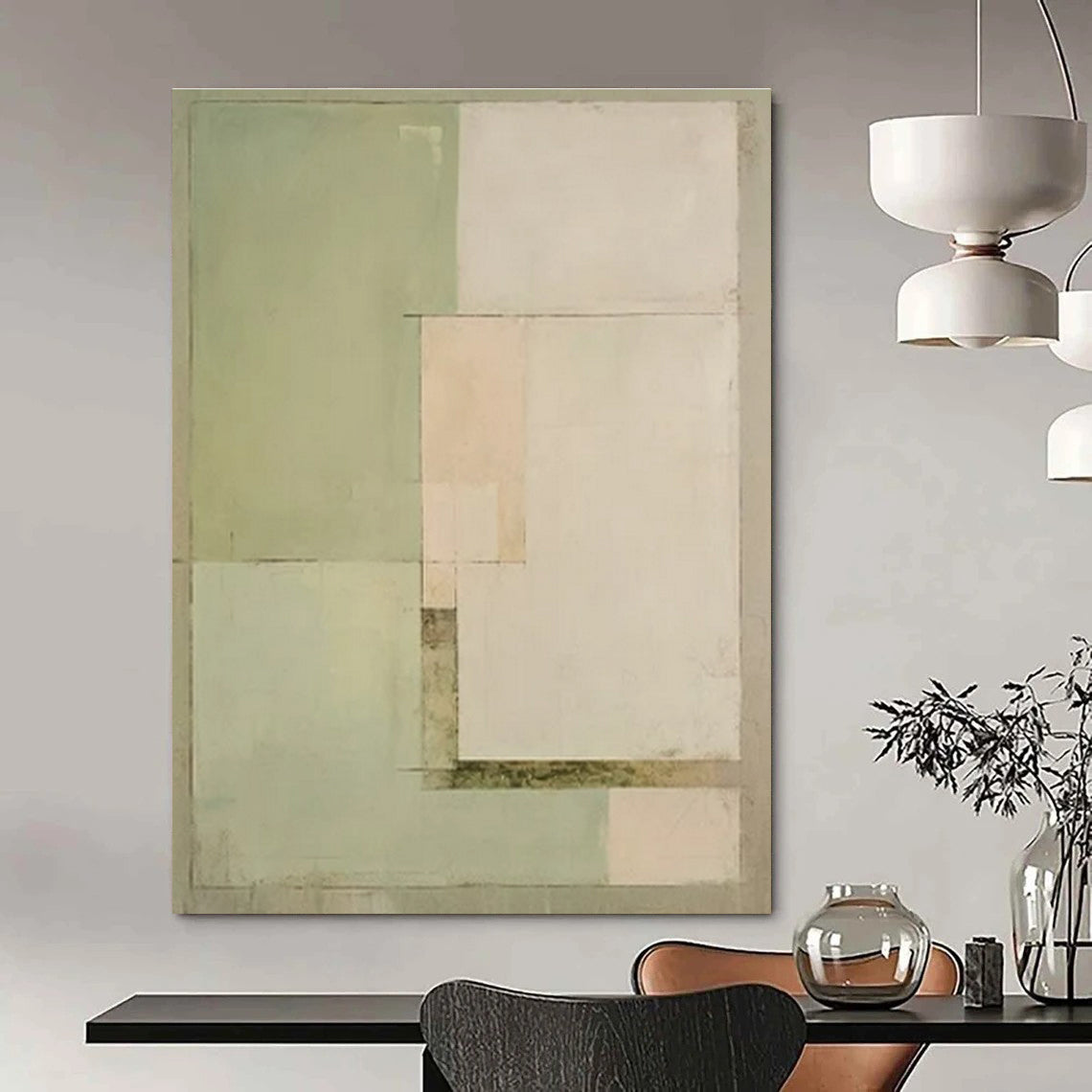 Green, Beige, White with Subtle Shapes "Quiet Geometry" Abstract Painting On Canvas PS1443