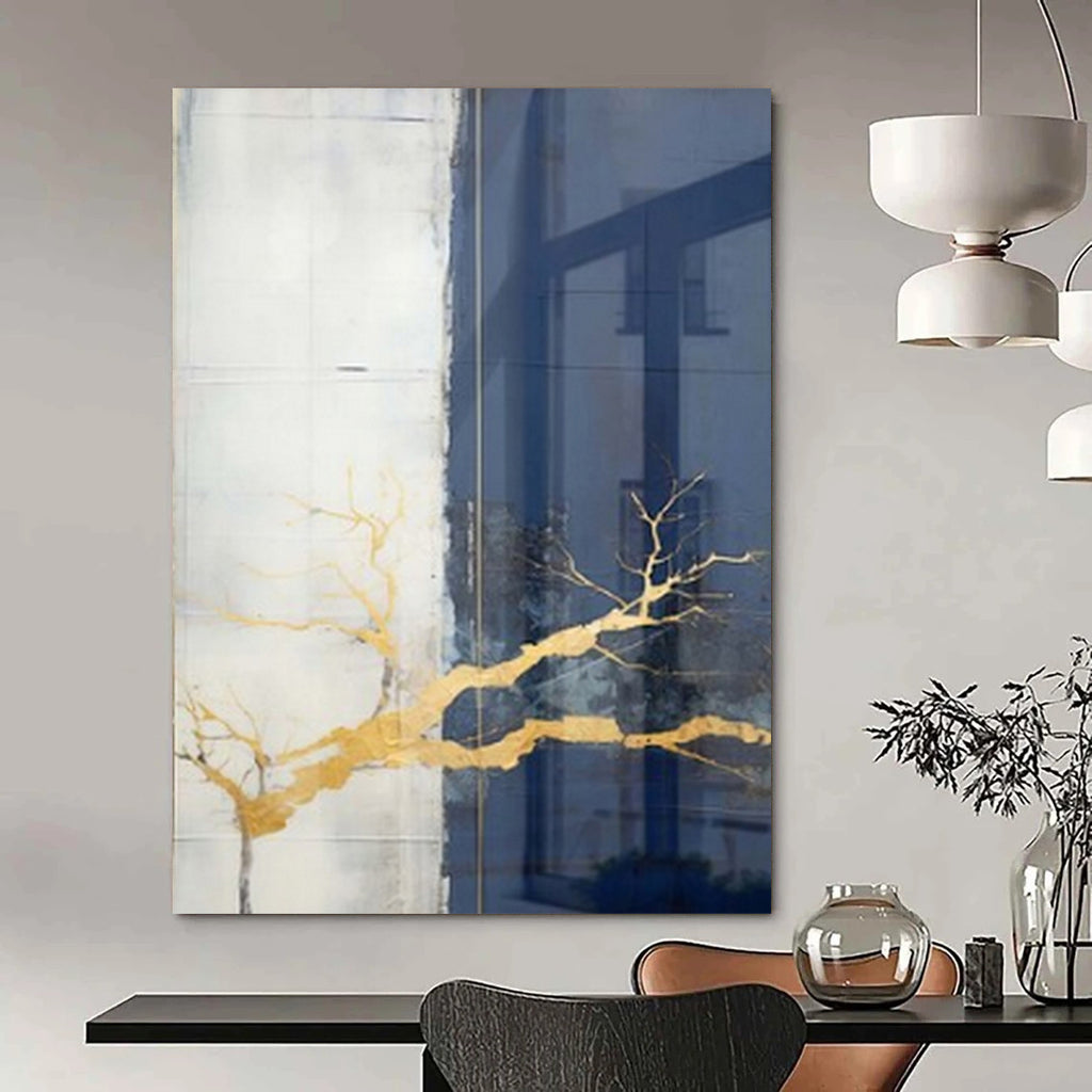 White, Gray, and Gold Branches "Gilded Nature" Abstract Nature - Inspired Painting On Canvas PS1049