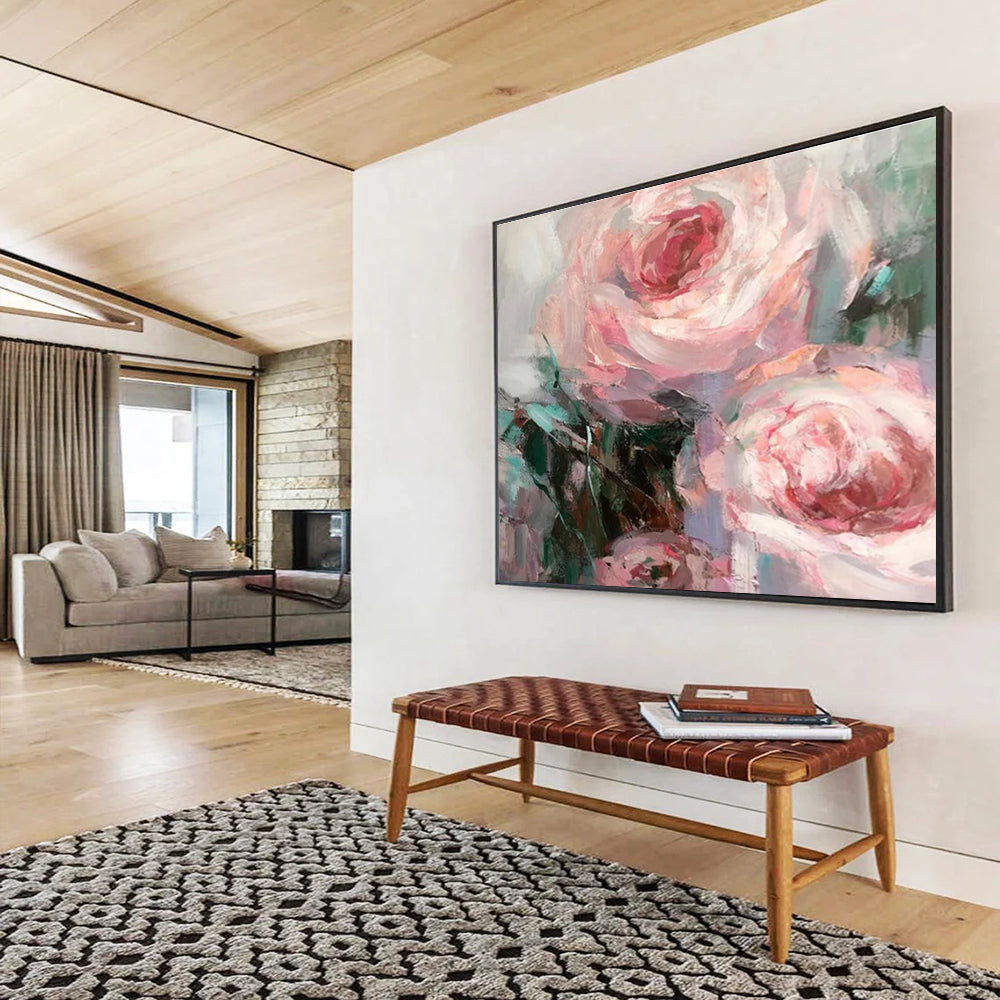 “Soft Pink Rose Blooms” - Pink, Purple & Green Floral, Impressionistic Oil Painting On Canvas DKS724
