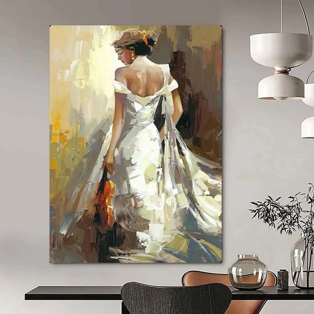 “Woman in White Gown with Violin” - Expressive Oil Painting On Canvas PT2175