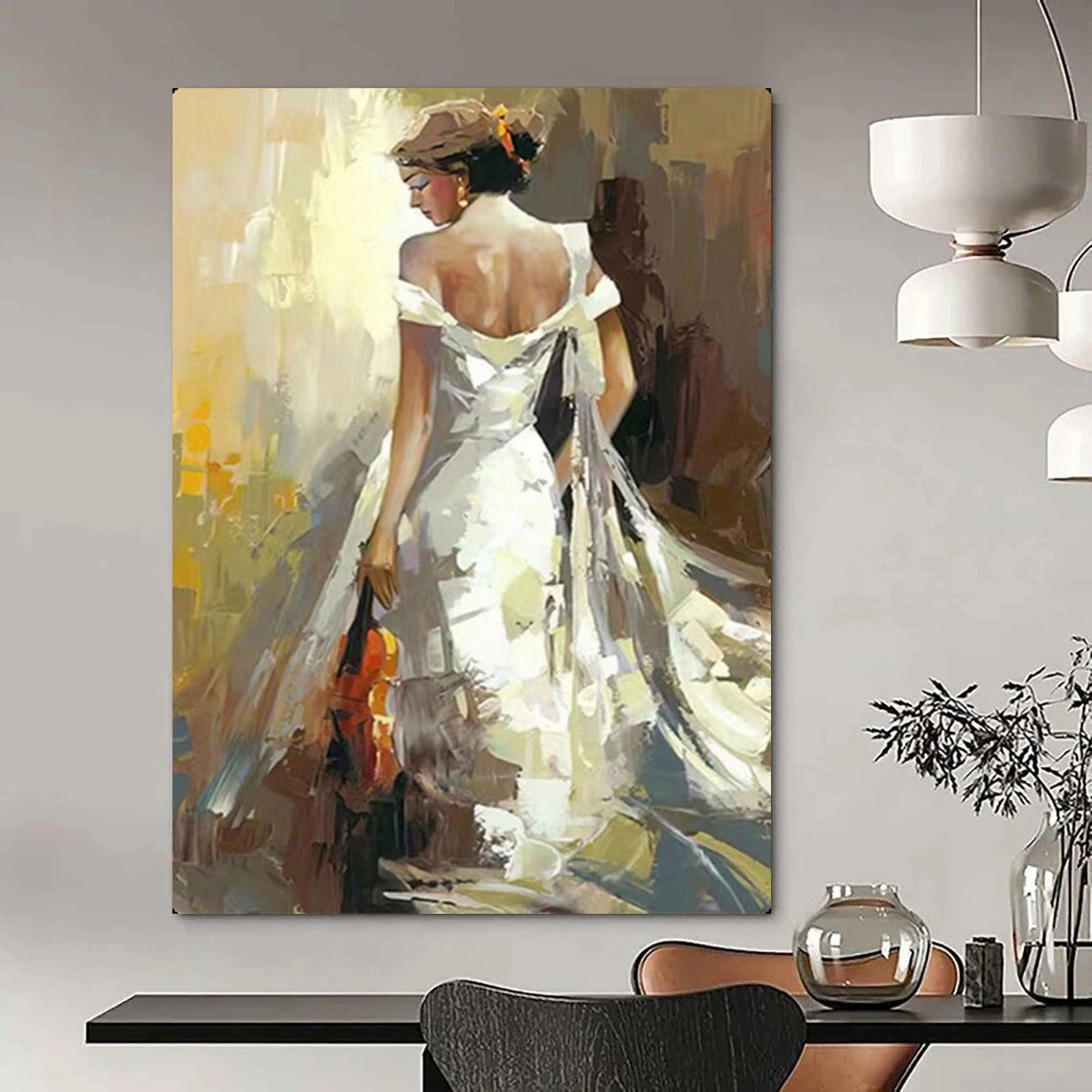 “Woman in White Gown with Violin” - Expressive Oil Painting On Canvas PT2175