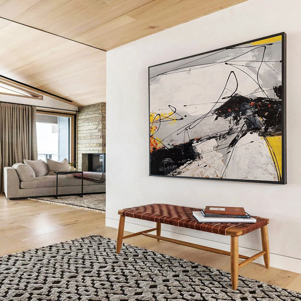 “Dynamic Abstract in Blacks, Whites, Yellows & Oranges” - Energetic Modern Painting On Canvas PT030